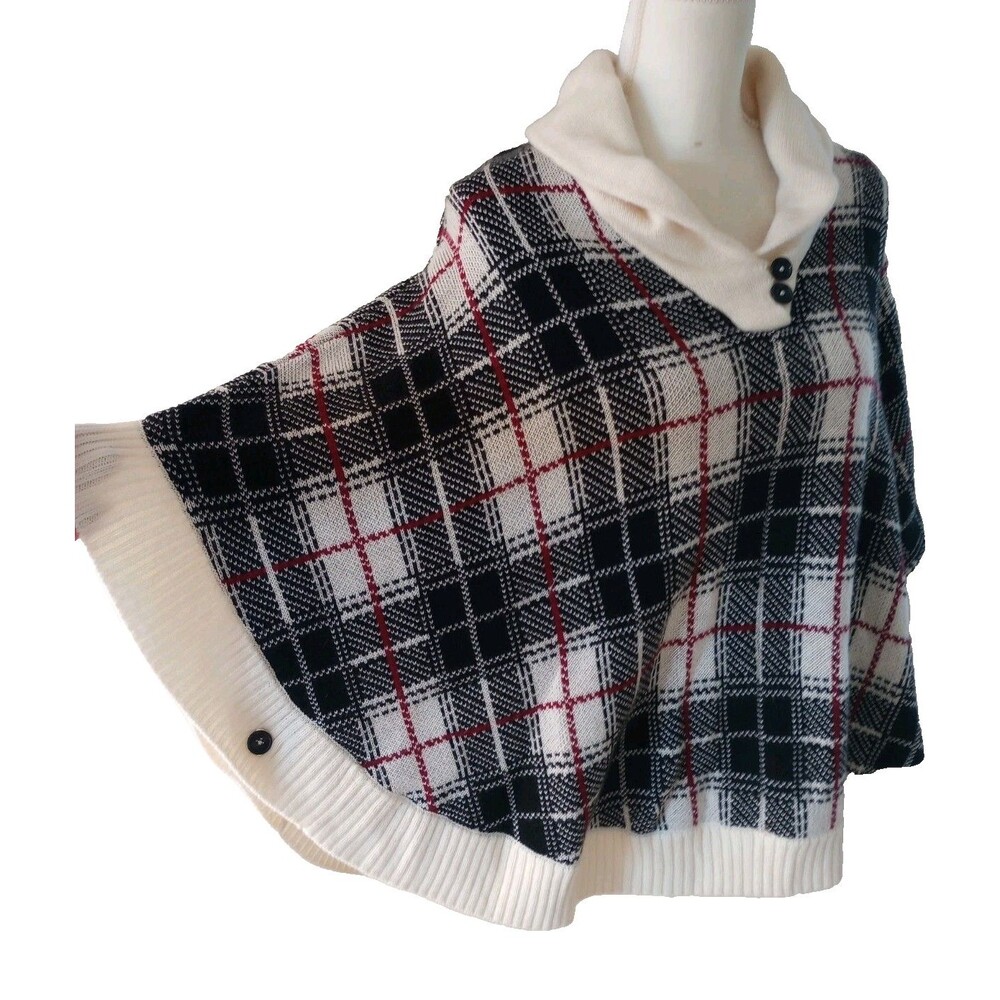 Talbots XS Lambswool Blend Sweater Poncho Plaid Black Red Cream Academia Thick